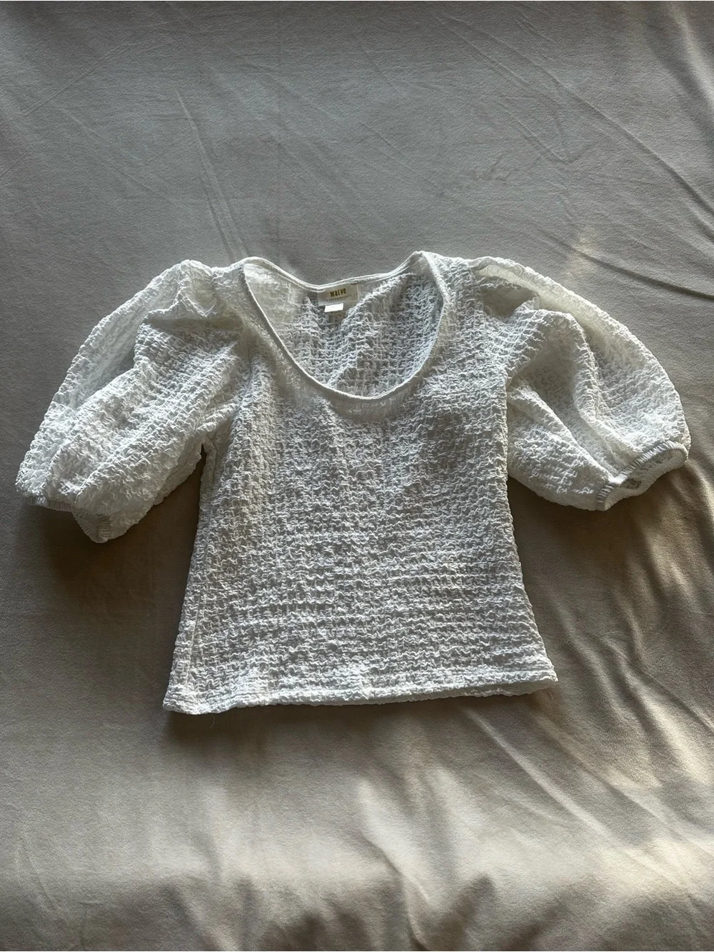 Anthropologie Cream Textured Puff-Sleeve Crop Top